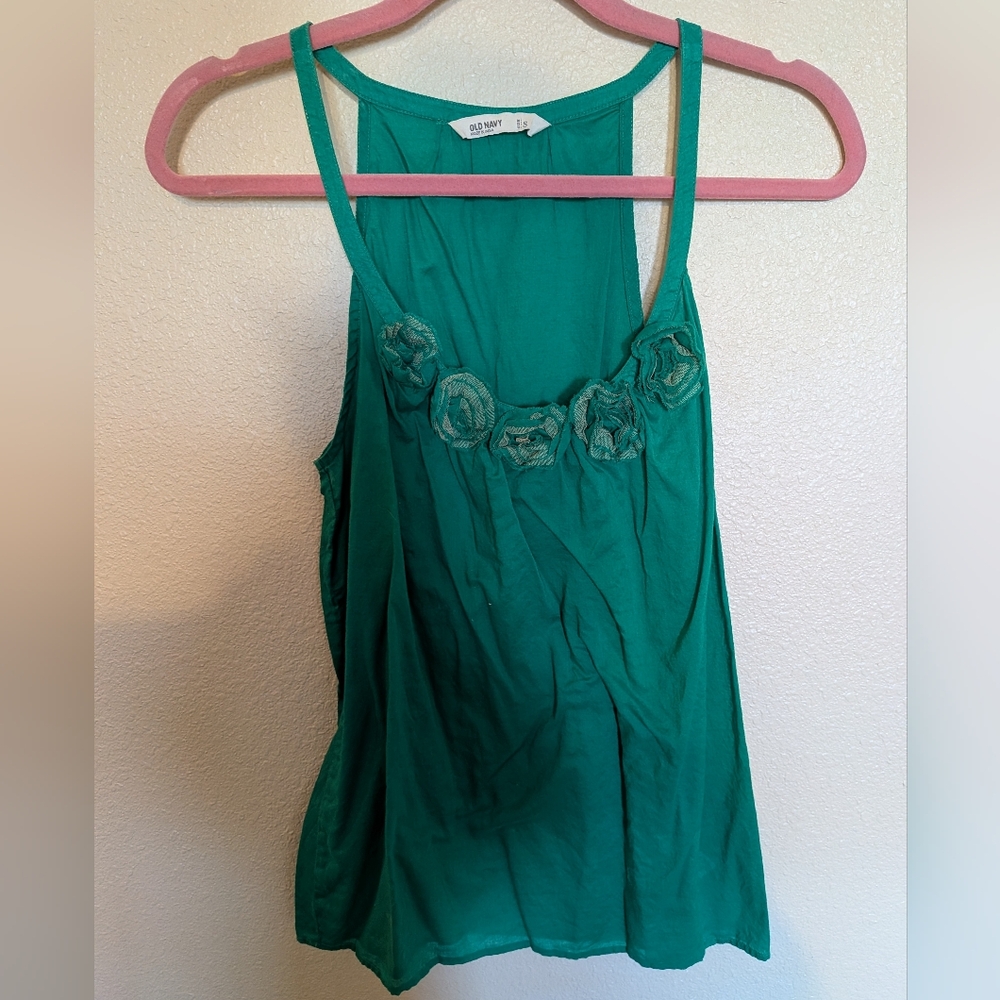 100% Cotton Old Navy Emerald Jade Teal Green Floral Applique Tank